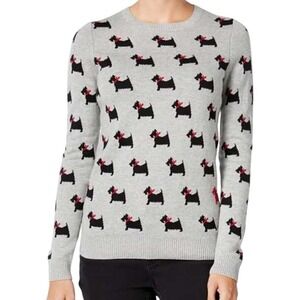 Charter Club Petite Sweater Scottie Dog Print Gray Cotton Blend Size PS‎ Preppy